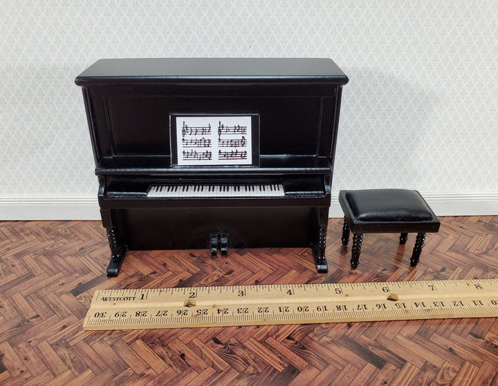 Miniature Upright Piano with Bench Seat Wood 1:12 Scale Dollhouse Black Finish
