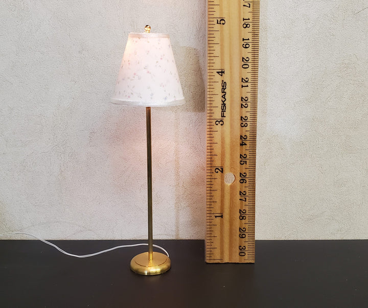 Dollhouse Brass Floor Lamp Delicate Floral Themed Shade 12 Volt Wired 1:12 Scale