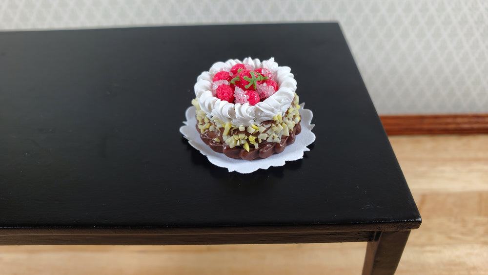 Dollhouse Round Cake Chocolate & Strawberries 1:12 Scale Miniature Food Bakery