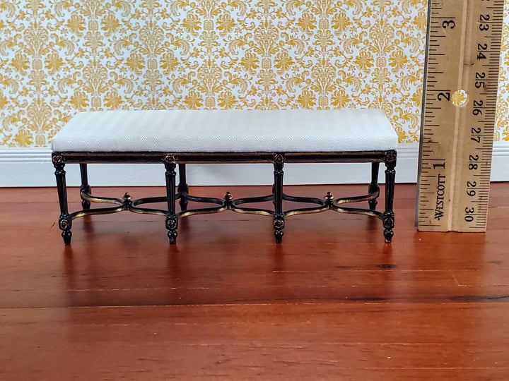 Dollhouse JBM Long Bench Black & Gold White Padded Seat 1:12 Scale Furniture