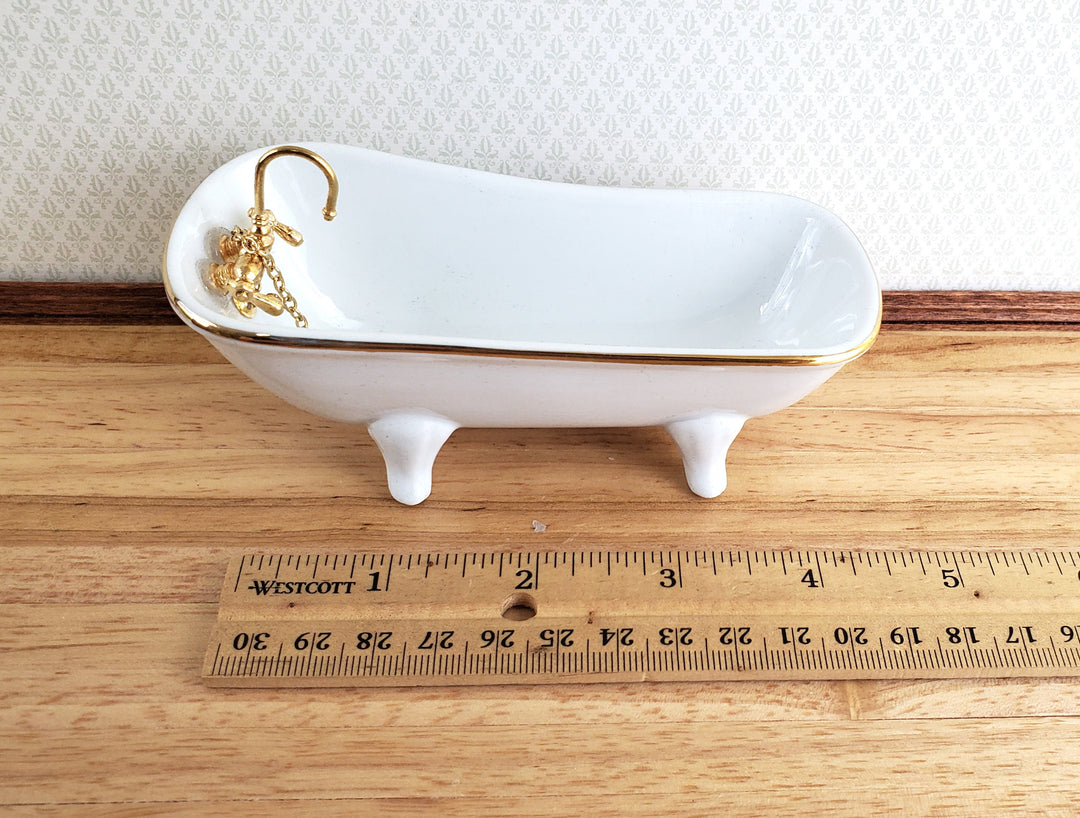Dollhouse Bathroom Set Reutter Porcelain Tub Toilet Sink White & Gold 1:12 Scale Miniatures