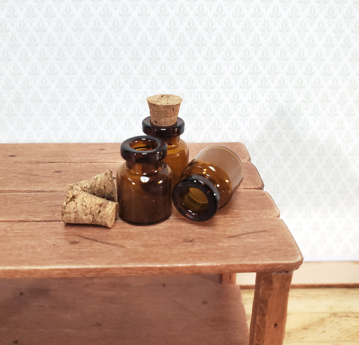 Miniature Amber Glass Jars Bottles Cork Stoppers x3 Apothecary Potions 11/16"