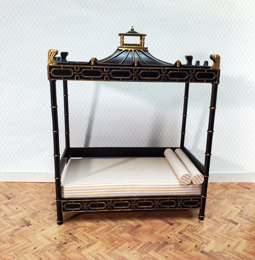 JBM Dollhouse Bed Qing Dynasty Style Black Gold 1:12 Miniature Bedroom Furniture