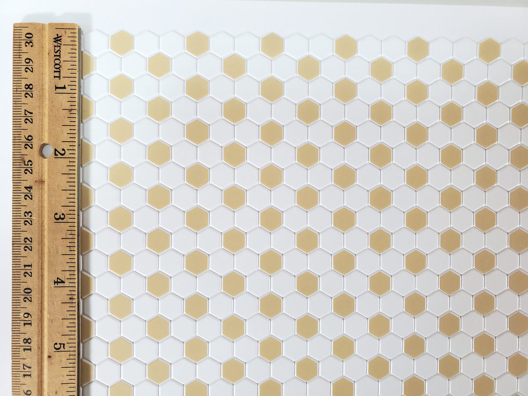 Dollhouse Hexagon Vinyl Tile Flooring Embossed Beige on White Floor 1:12 Scale Miniatures