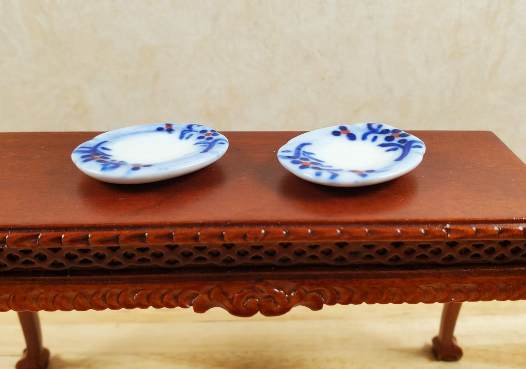 Dollhouse 2 Small White & Blue Ceramic Platters 1:12 Scale Miniature Dish