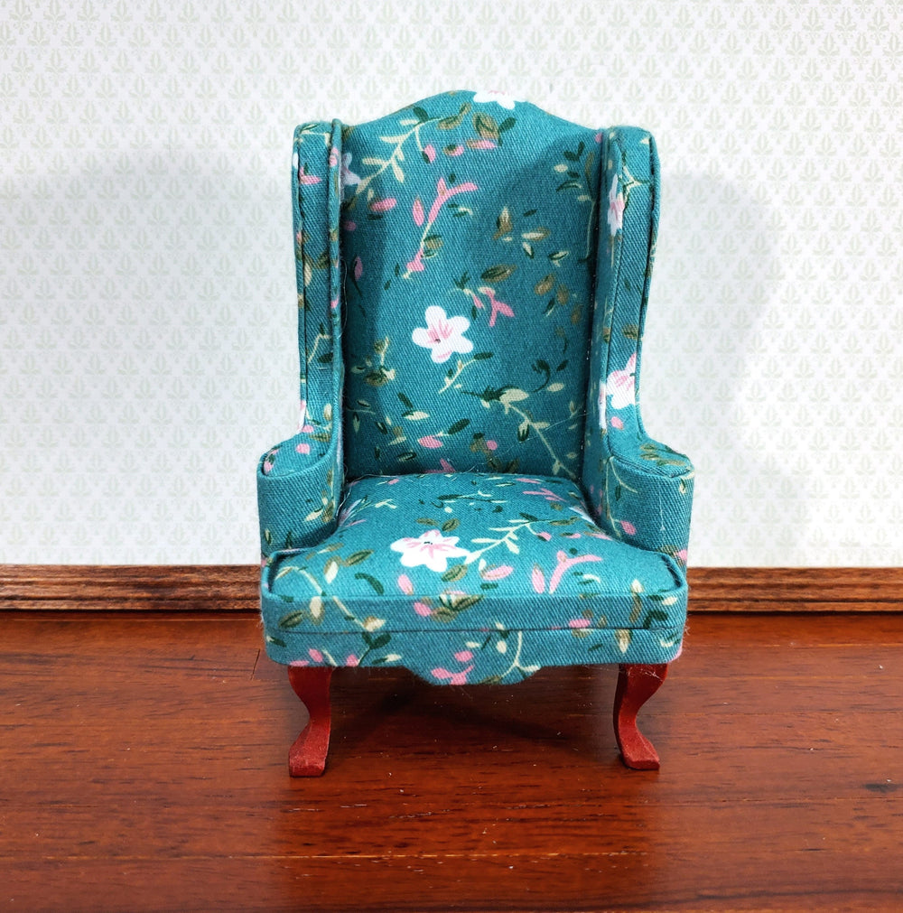 Dollhouse Arm Chair Wing Back Turquoise Floral Fabric 1:12 Scale Miniature