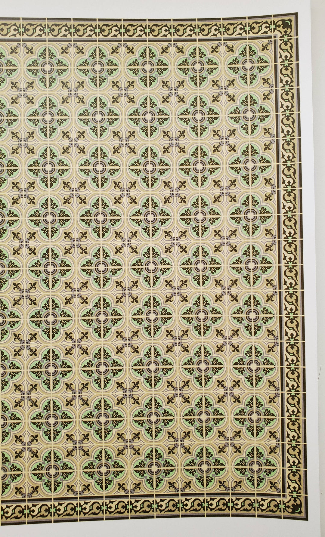 Dollhouse Tile Wallpaper Victorian Beige, Green 1:12 Scale Itsy Bitsy Miniature