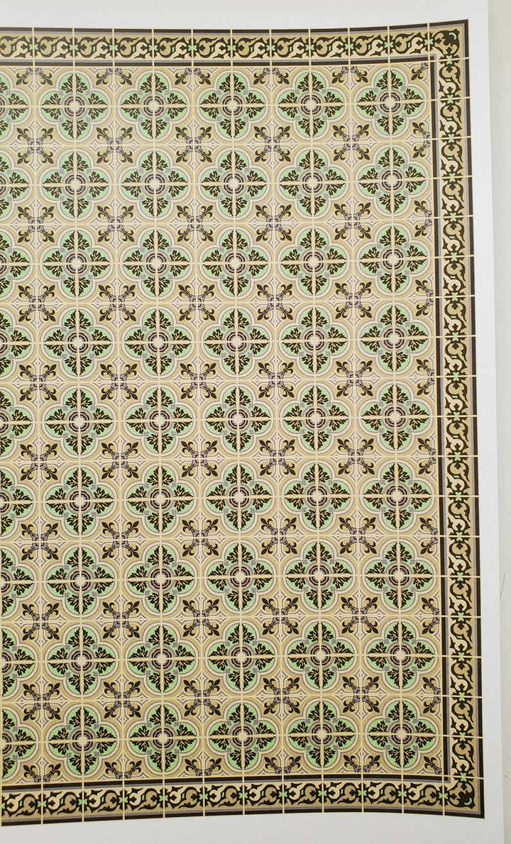 Dollhouse Tile Wallpaper Victorian Beige, Green 1:12 Scale Itsy Bitsy Miniature