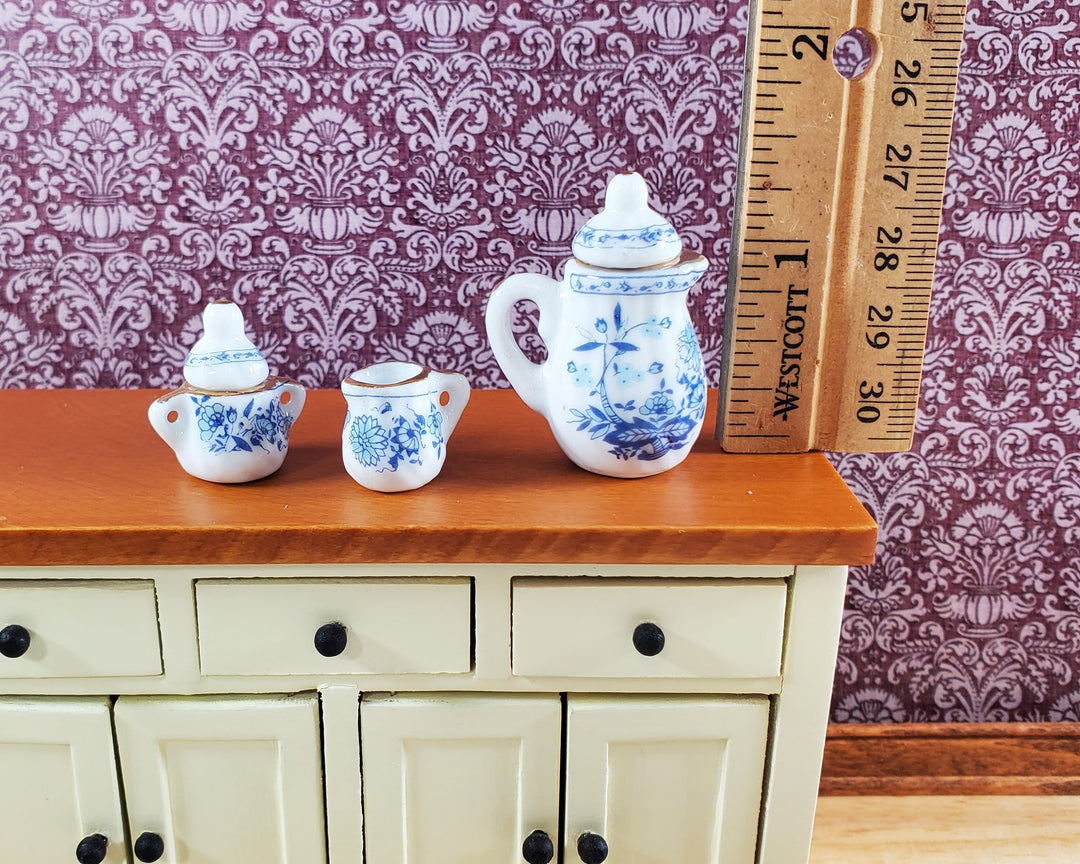 Dollhouse Coffee Set with Plates Blue White Floral Ceramic 1:12 Scale Miniature