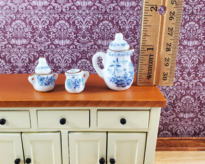 Dollhouse Coffee Set with Plates Blue White Floral Ceramic 1:12 Scale Miniature