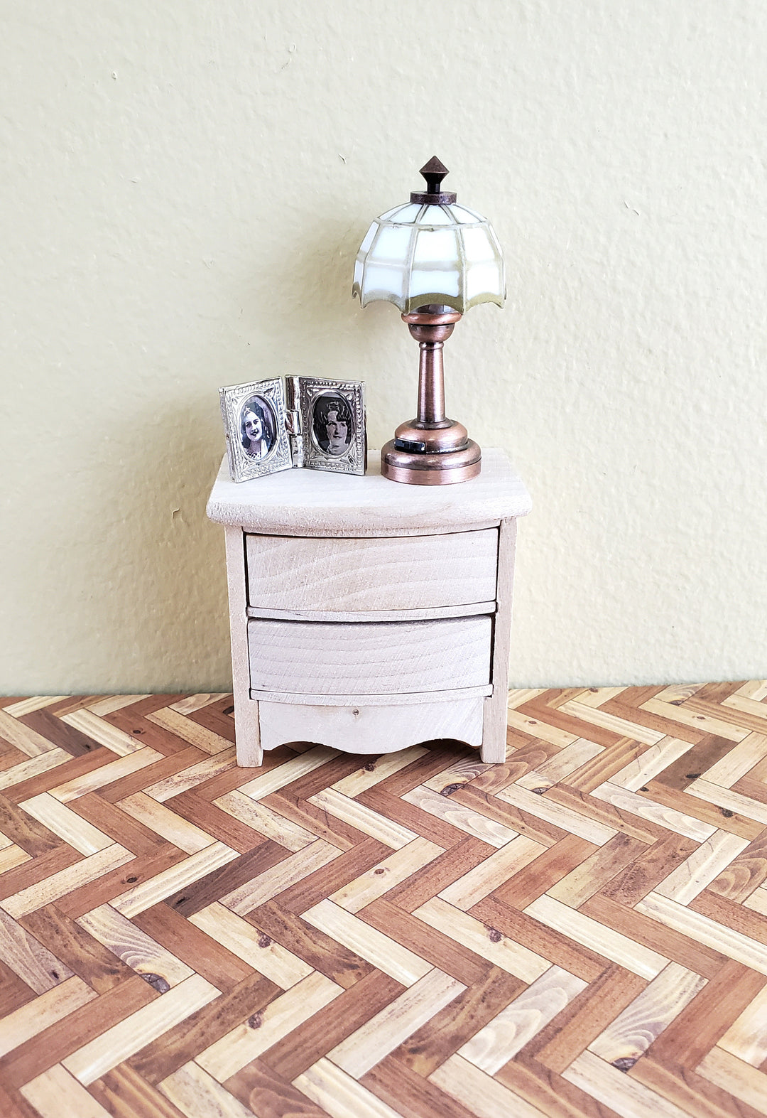 Dollhouse Miniature Side Table or Nightstand with 2 Drawers Barewood 1:12 Scale Furniture