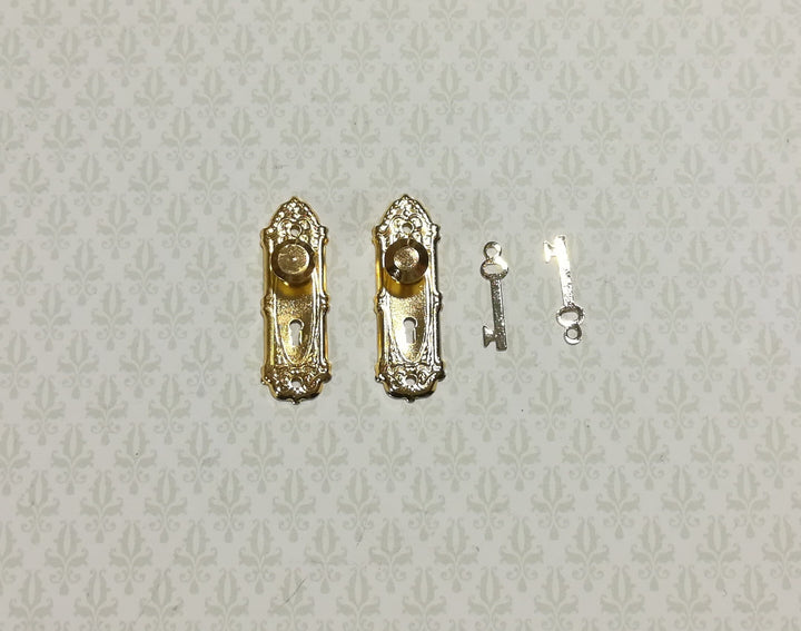 Dollhouse Doorknobs Fancy Gold 1 Set 1:12 Scale Miniature Gold Plated Brass