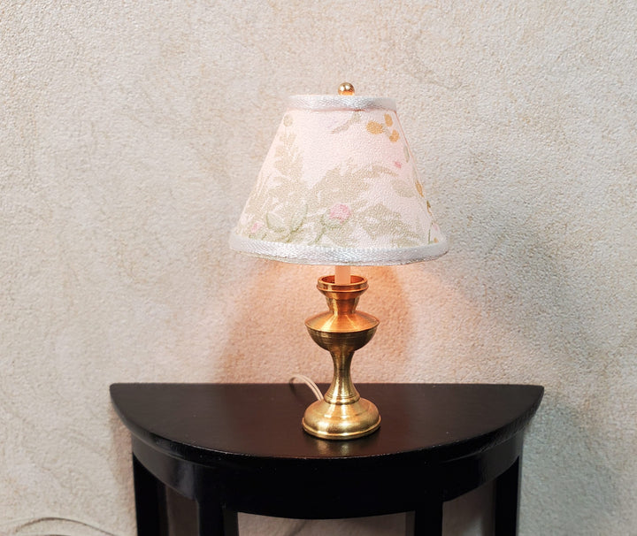 Dollhouse Table Lamp Cream & Green Shade Brass Base 12 Volt Wired 1:12 Scale