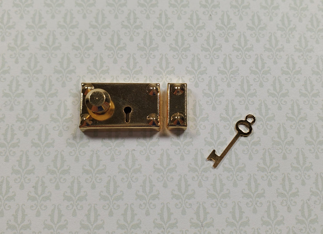 Dollhouse Rim Lock Set Door Knob Strike Plate with Key Gold 1:12 Scale Large