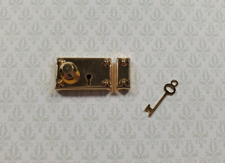 Dollhouse Rim Lock Set Door Knob Strike Plate with Key Gold 1:12 Scale Large