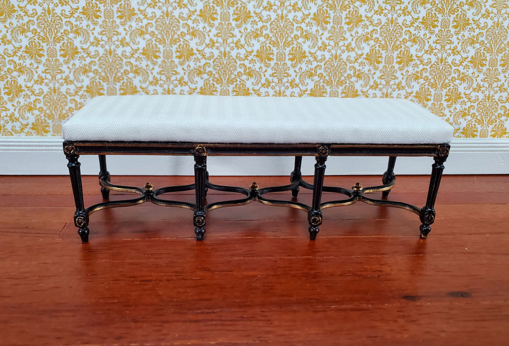 Dollhouse JBM Long Bench Black & Gold White Padded Seat 1:12 Scale Furniture