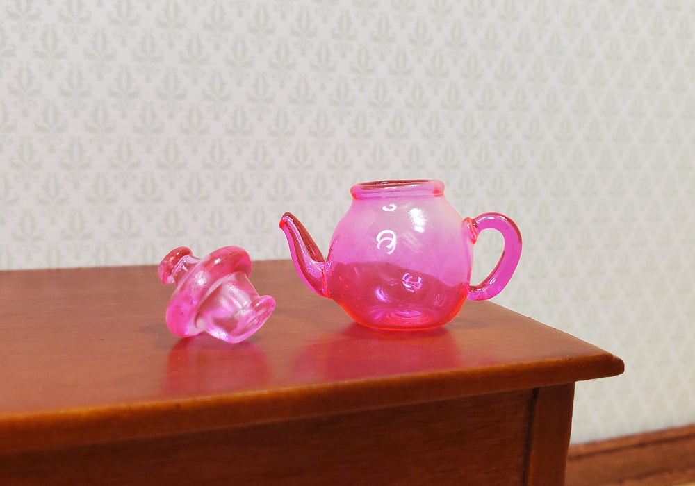 Dollhouse Bright Pink Glass Tea Set Teapot with 4 Teacups 1:12 Scale