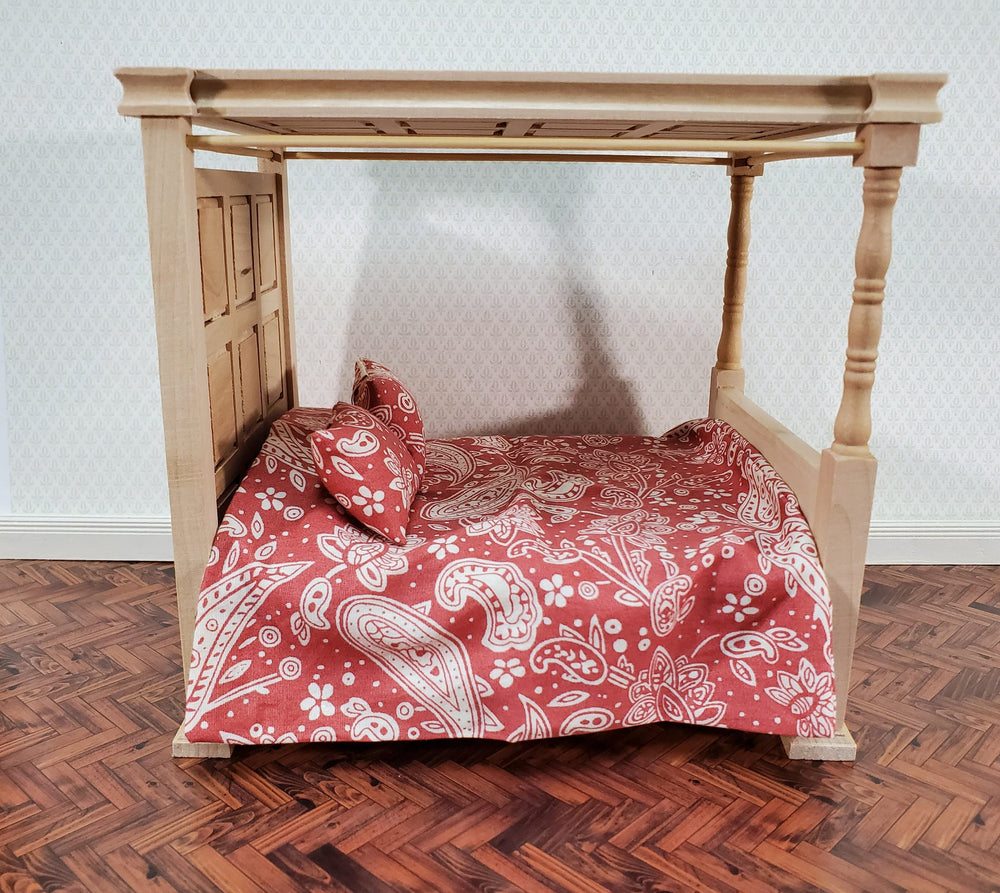 Dollhouse Bed 4 Poster Canopy Tudor Style Unpainted Wood 1:12 Scale Miniature Bedroom Furniture