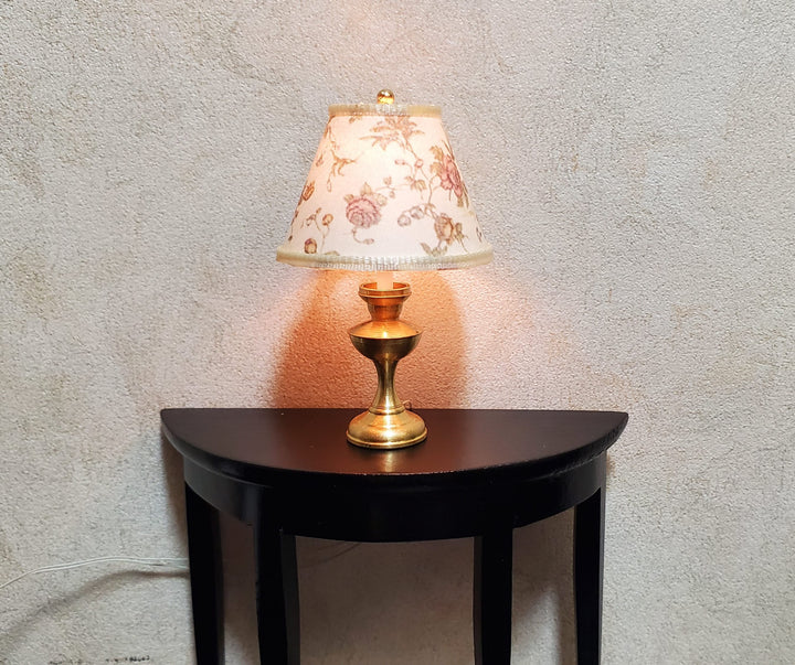 Dollhouse Table Lamp Cream Floral Shade Brass Base 12 Volt Wired 1:12 Scale