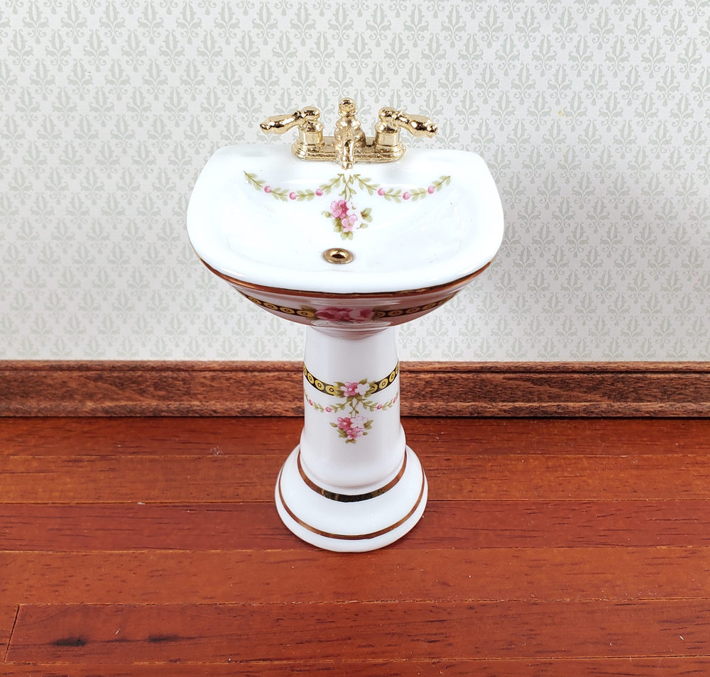Dollhouse Pedestal Sink Bathroom Victorian Rose Reutter Porcelain 1:12 Scale