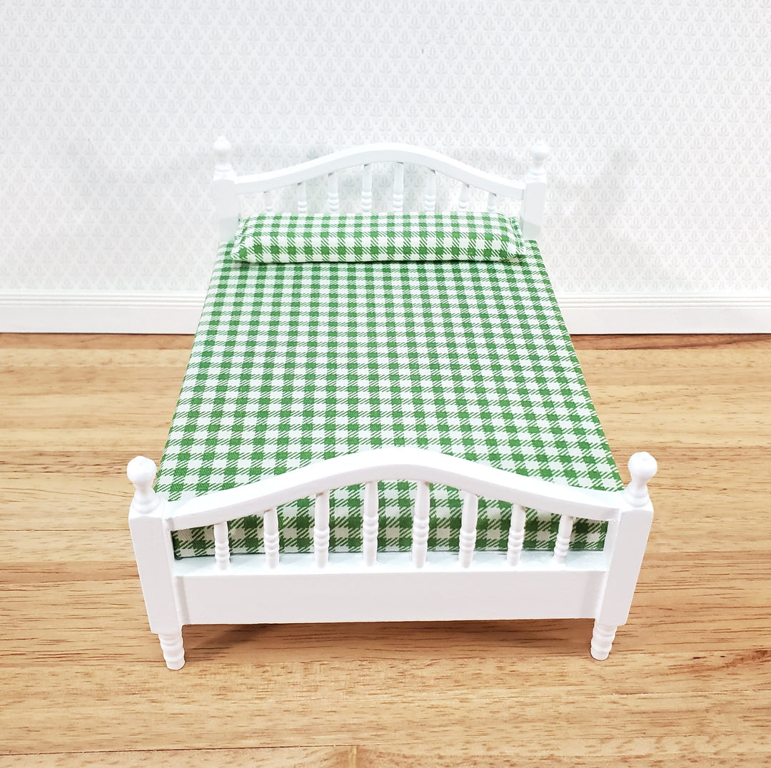 Dollhouse Double Bed Spindles with Mattress White Finish 1:12 Scale Miniature Furniture