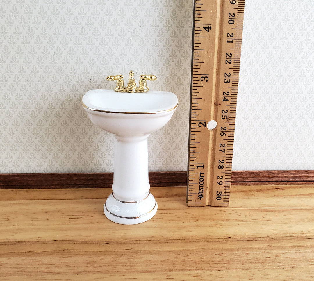 Dollhouse Bathroom Set Reutter Porcelain Tub Toilet Sink White & Gold 1:12 Scale Miniatures