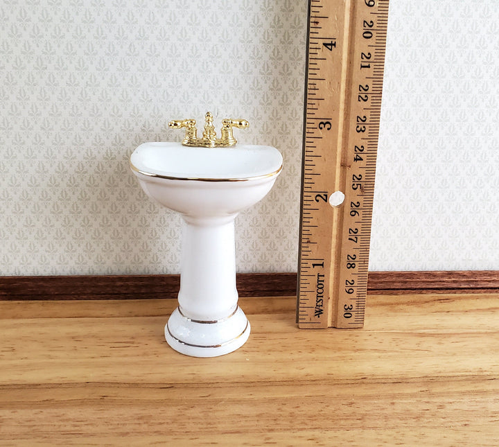 Dollhouse Bathroom Set Reutter Porcelain Tub Toilet Sink White & Gold 1:12 Scale Miniatures