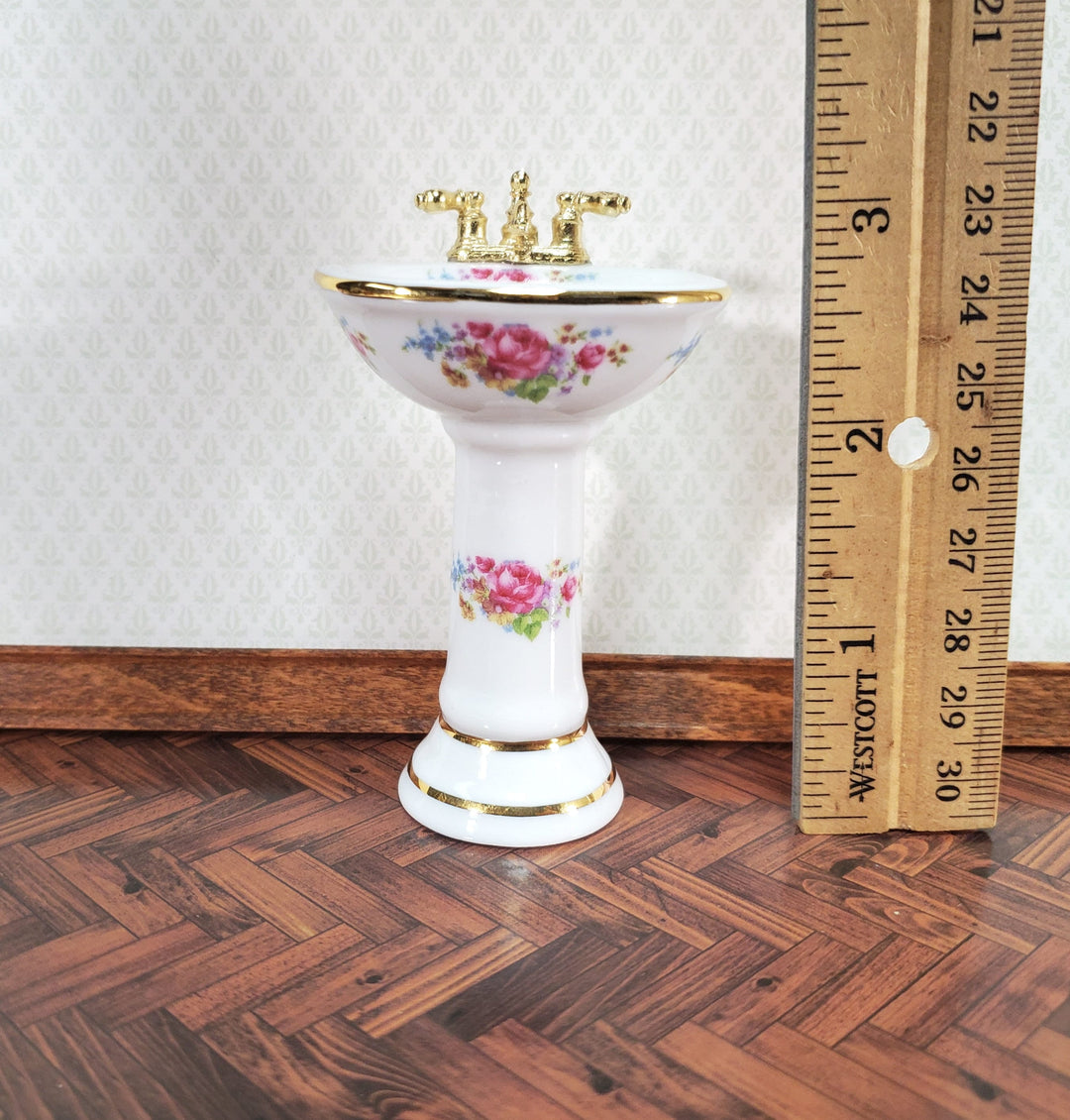 Dollhouse Pedestal Sink Bathroom Dresden Rose Reutter Porcelain 1:12 Scale Miniature
