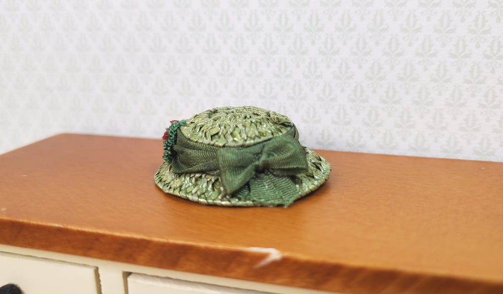 Dollhouse Victorian Hat Green with Red Roses Handmade 1:12 Scale Miniature