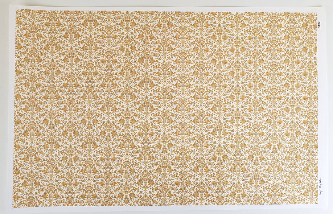 Dollhouse Wallpaper Damask Gold on White Victorian 1:12 Scale Itsy Bitsy Miniatures