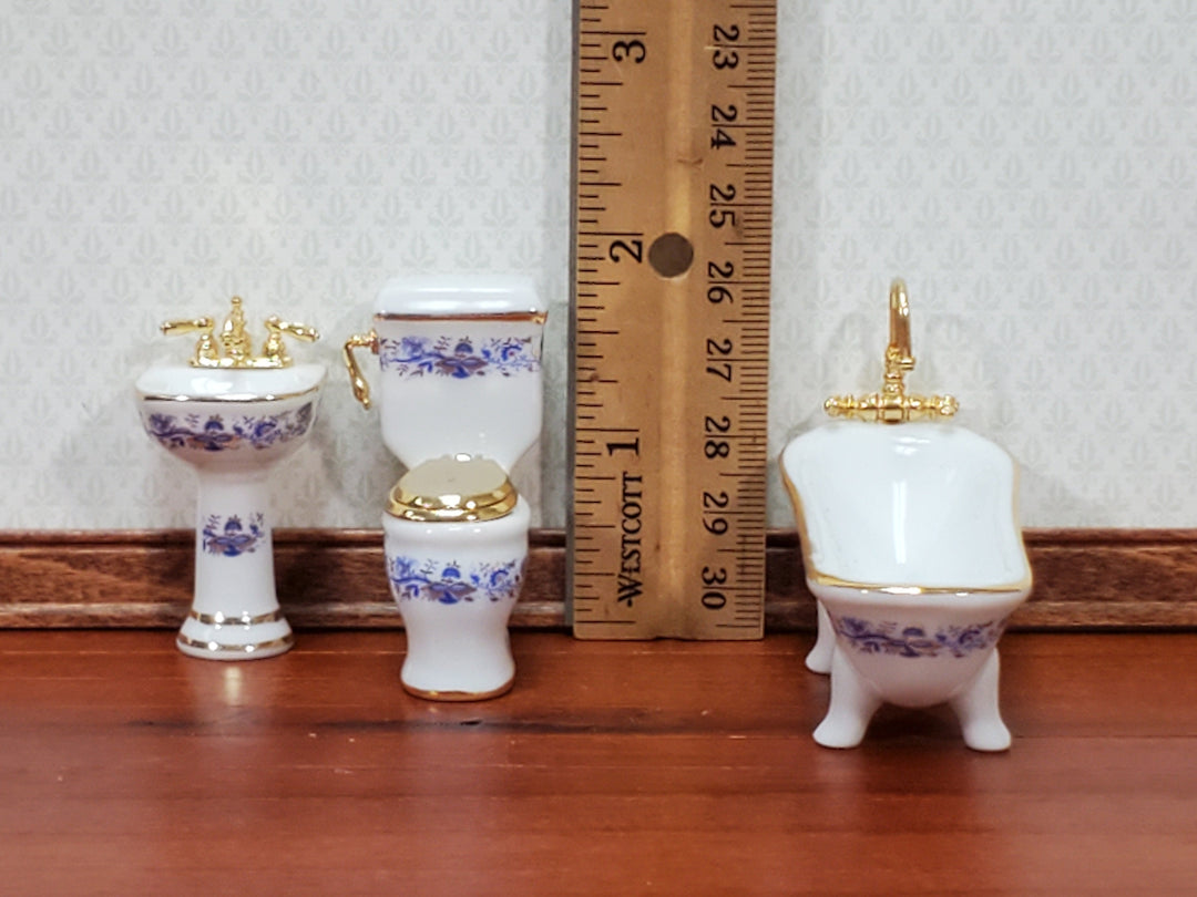 Dollhouse HALF SCALE Bathroom Set Reutter Porcelain Tub Toilet Sink 1:24 Miniatures Blue & Gold