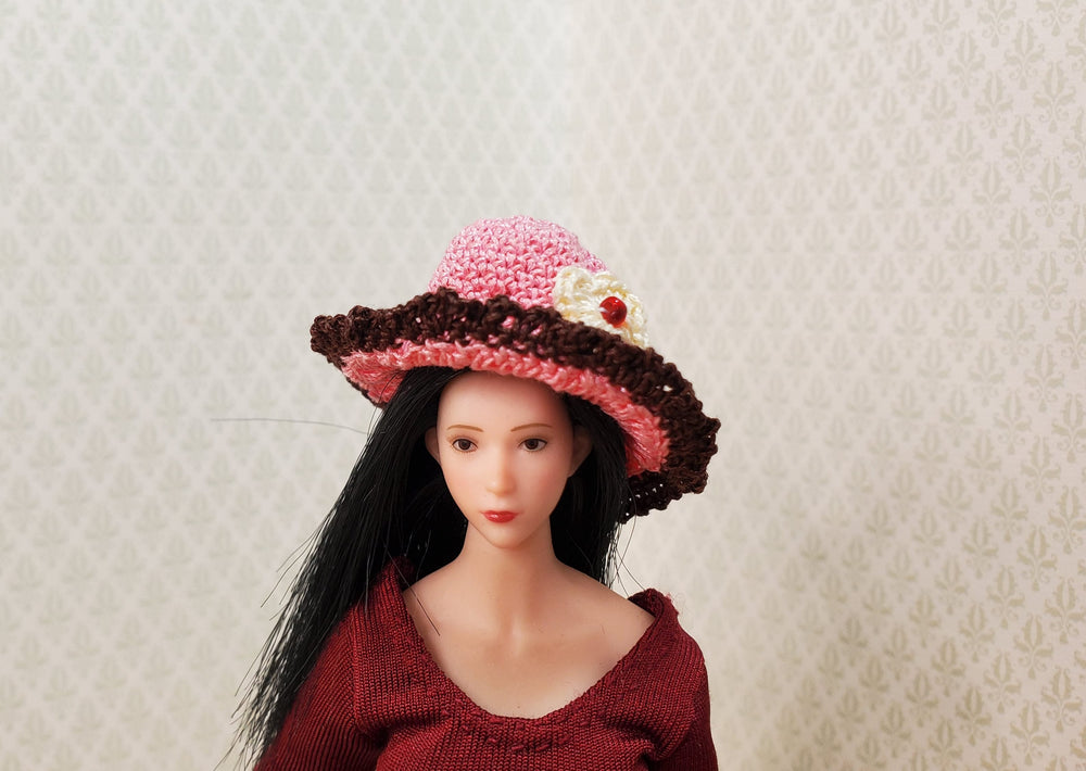 Dollhouse Crocheted Hat Pink and Brown Wearable 1:12 Scale Miniature