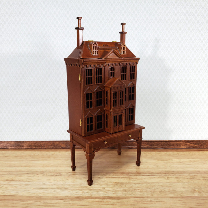 1:144 Scale Dollhouse with Table Walnut Finish 4 Level Front Opening by JBM