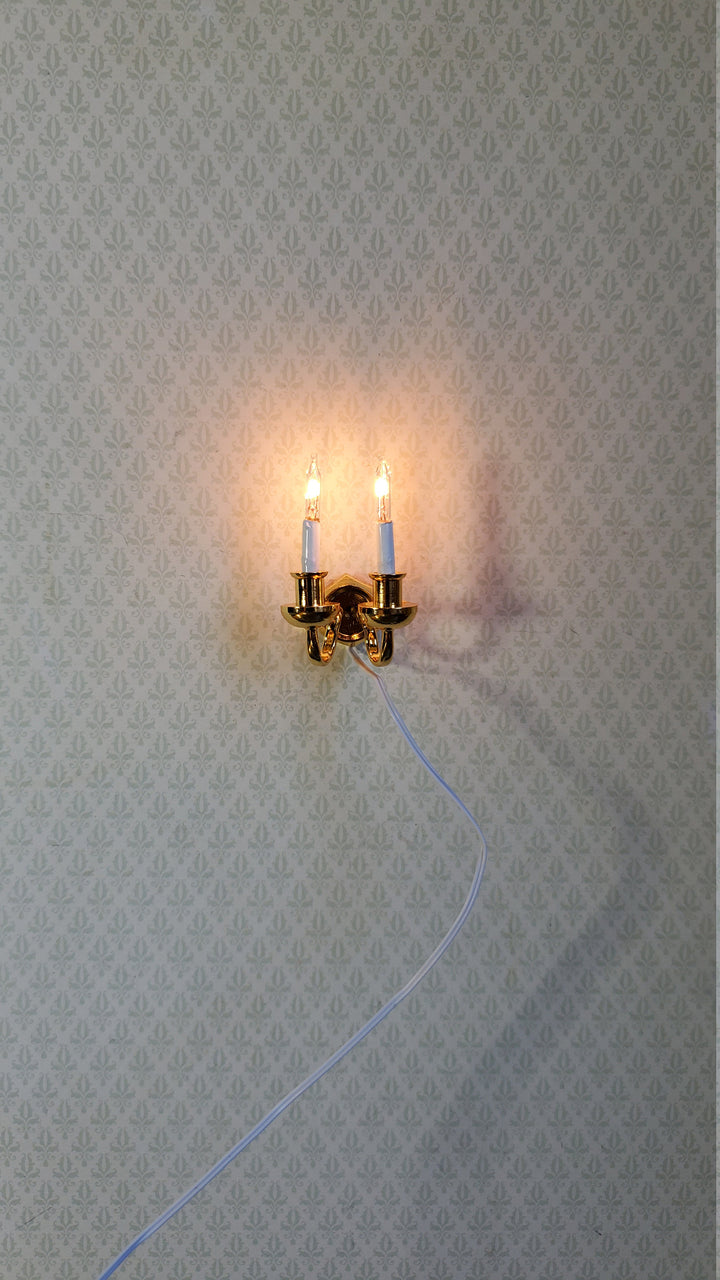 Dollhouse Wall Sconce Double Candle Gold 12 Volt with Plug 1:12 Wall Light