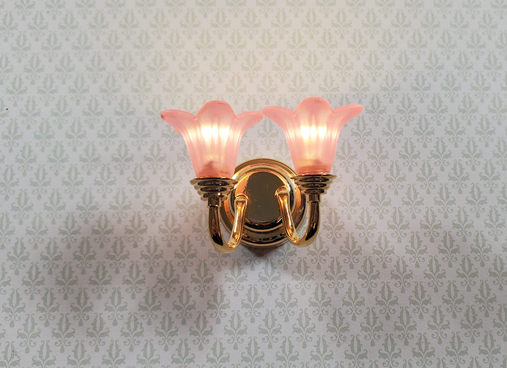 Dollhouse Wall Sconce Pink Flower Shades with Wand 1:12 Miniature Battery Lamp