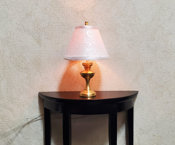 Dollhouse Table Lamp with White Embossed Shade Brass Base 12 Volt Wired 1:12 Scale