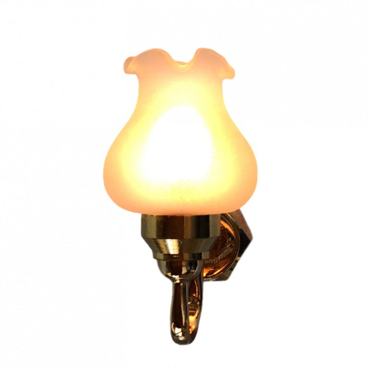 Dollhouse Miniature Sconce Single Flower Frosted Shade Gold 12 Volt w/Plug 1:12
