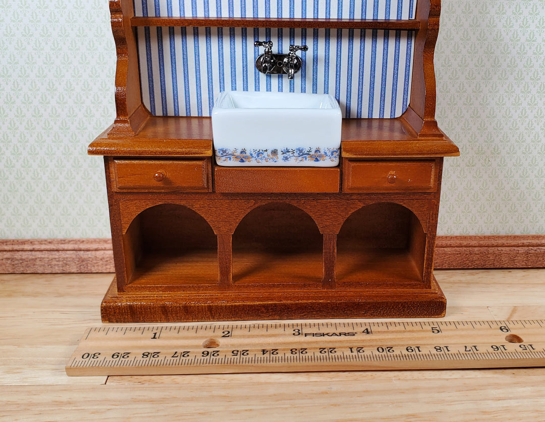 Dollhouse Reutter Sink Cabinet Walnut Blue Onion 1:12 Scale Miniature Kitchen