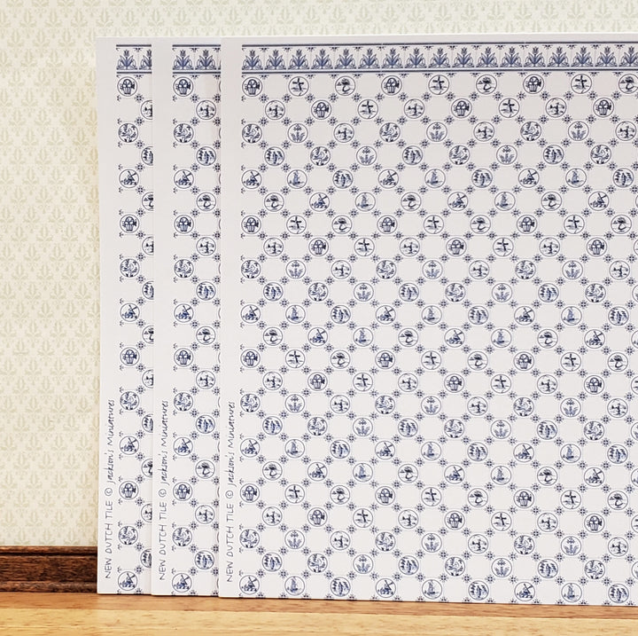 Dollhouse HALF SCALE Wallpaper 3 Sheets Dutch Delft Blue 1:24 Scale Miniature