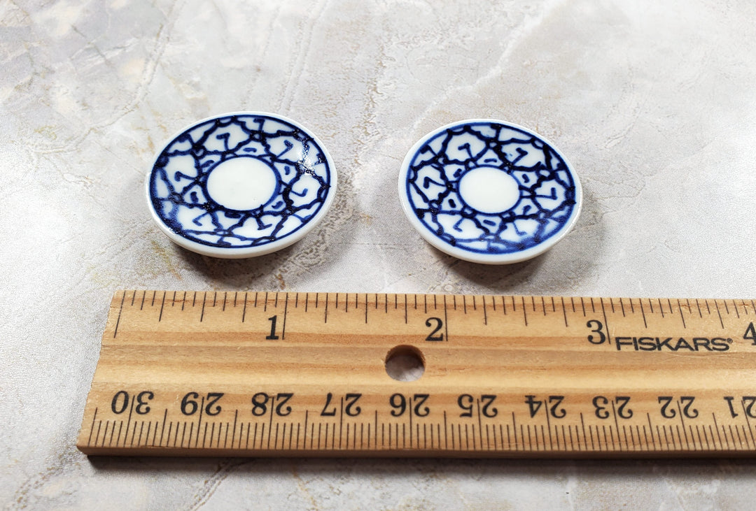 Dollhouse 2 Large Round Ceramic Platters Blue & White Design Miniature 1 1/4" - MiniatureCrush