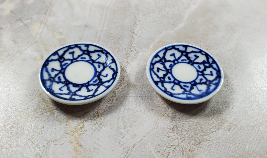 Dollhouse 2 Large Round Ceramic Platters Blue & White Design Miniature 1 1/4" - MiniatureCrush
