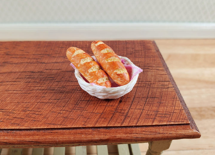 Dollhouse 2 Loaves of Bread in a White Basket with Pink Gingham 1:12 Scale - MiniatureCrush
