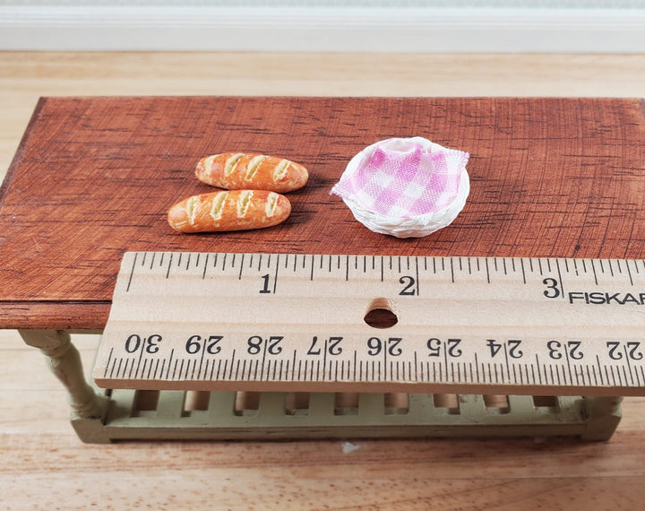 Dollhouse 2 Loaves of Bread in a White Basket with Pink Gingham 1:12 Scale - MiniatureCrush