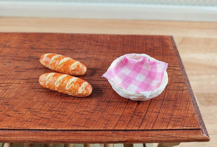 Dollhouse 2 Loaves of Bread in a White Basket with Pink Gingham 1:12 Scale - MiniatureCrush