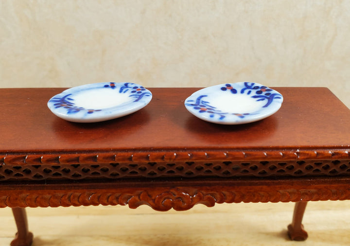 Dollhouse 2 Small White & Blue Ceramic Platters 1:12 Scale Miniature Dish - MiniatureCrush