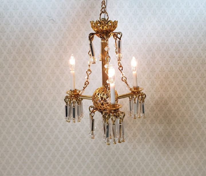Dollhouse 3 Arm Crystal Chandelier with Chains Handmade 12 Volt 1:12 Scale - MiniatureCrush