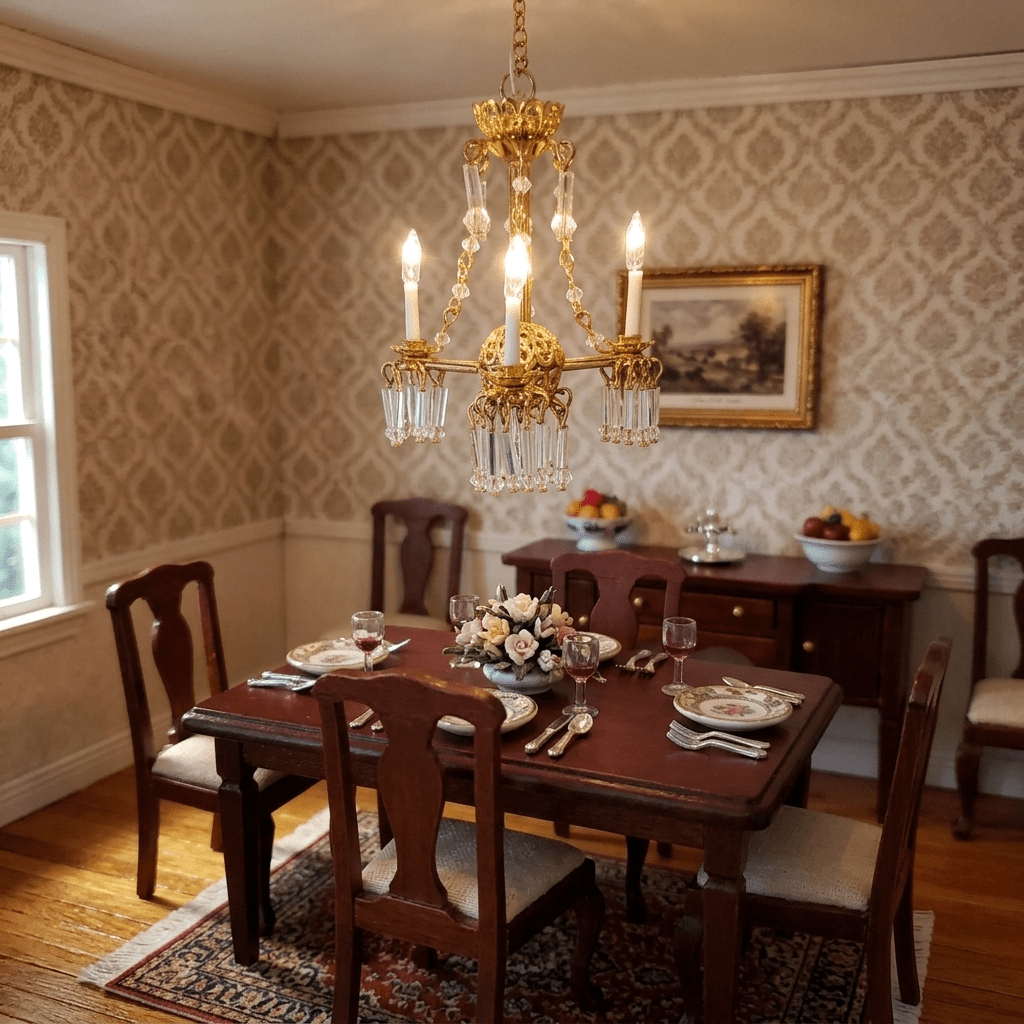 Dollhouse 3 Arm Crystal Chandelier with Chains Handmade 12 Volt 1:12 Scale - MiniatureCrush