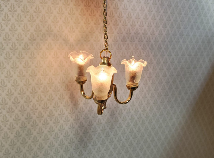 Dollhouse 3 Arm Flower Chandelier Light 12 Volt Electric with Plug 1:12 Scale - MiniatureCrush