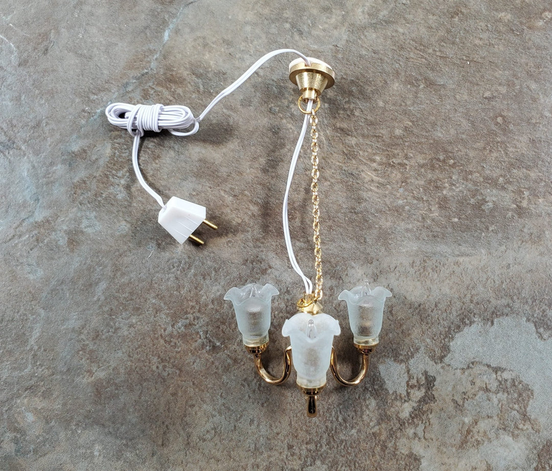 Dollhouse 3 Arm Flower Chandelier Light 12 Volt Electric with Plug 1:12 Scale - MiniatureCrush