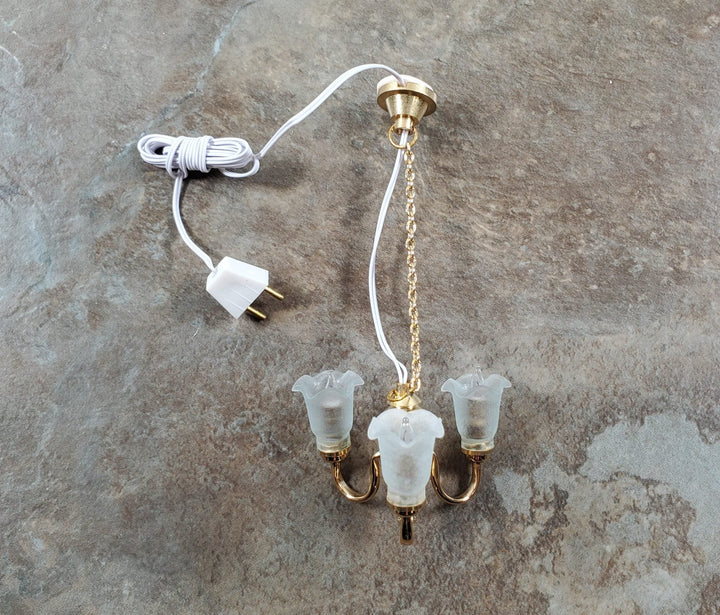 Dollhouse 3 Arm Flower Chandelier Light 12 Volt Electric with Plug 1:12 Scale - MiniatureCrush